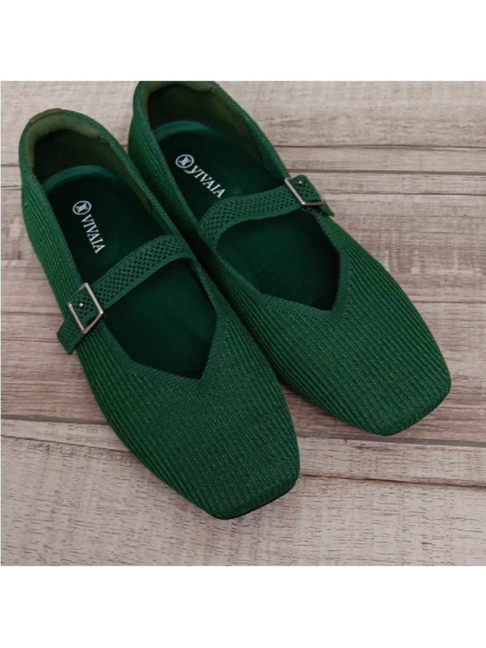 Vivaia Green Knit Mary Jane Flats with Buckle Strap